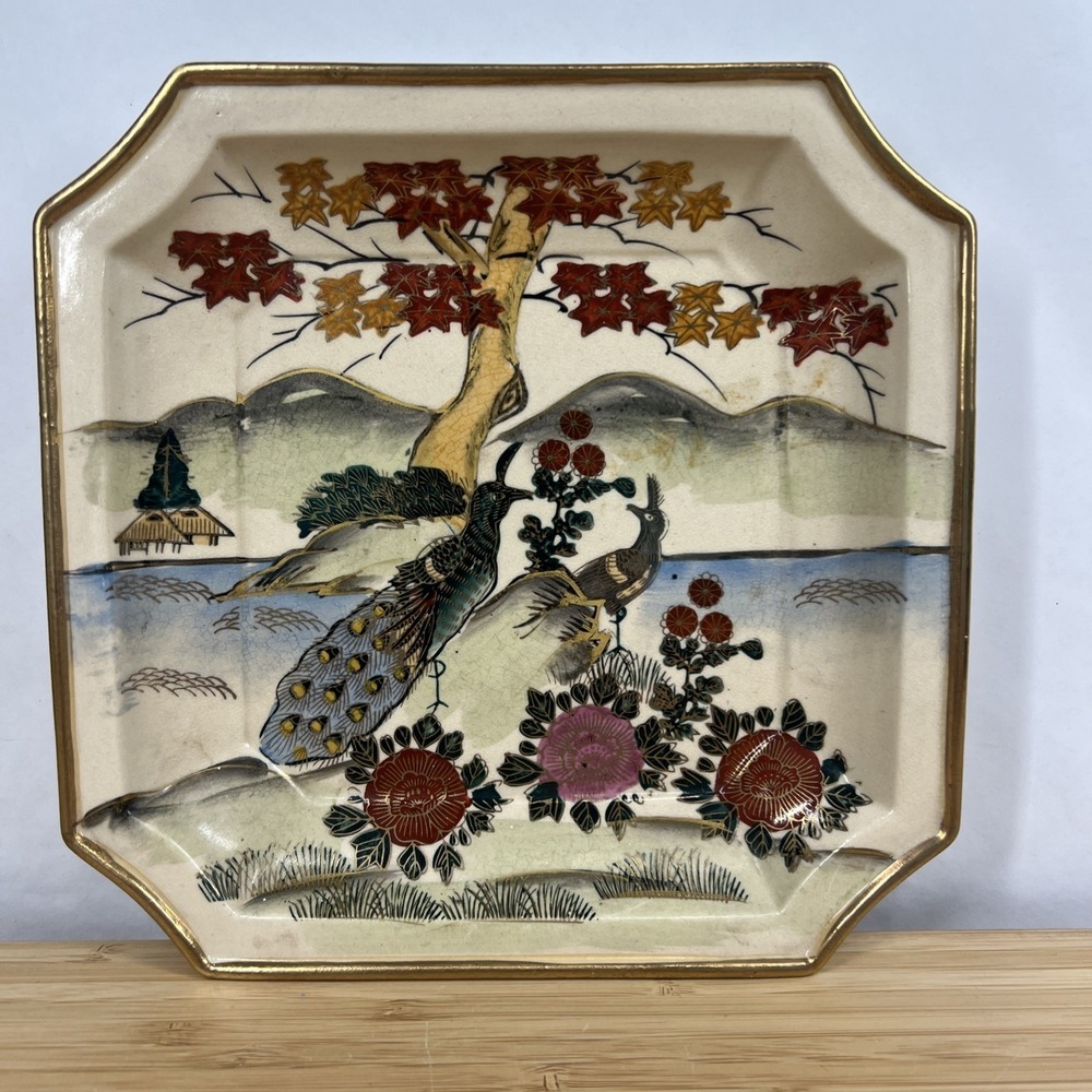 Vintage Japanese Satsuma Peacock Scenic Tray Crackle Glaze Little-Jones 8"